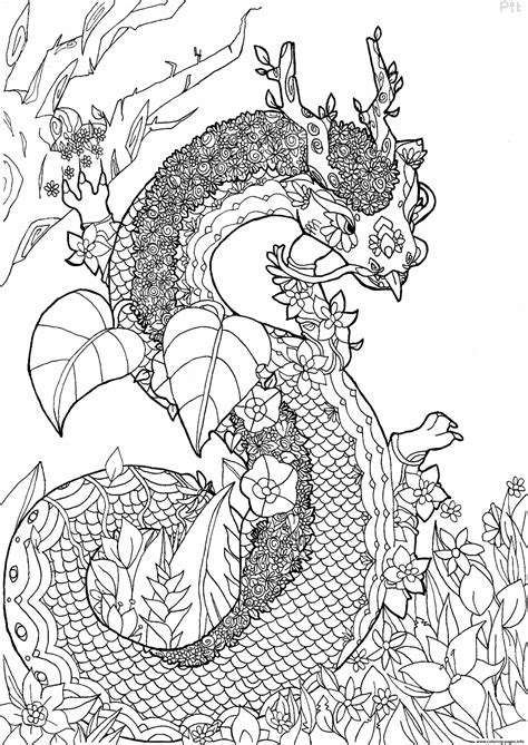 magnificent dragon surrounded  flowers coloring page printable