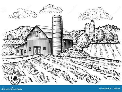 rural landscape farm barn  windmill sketch stock vector