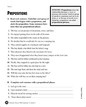 prepositions grade  printable test prep tests  skills sheets