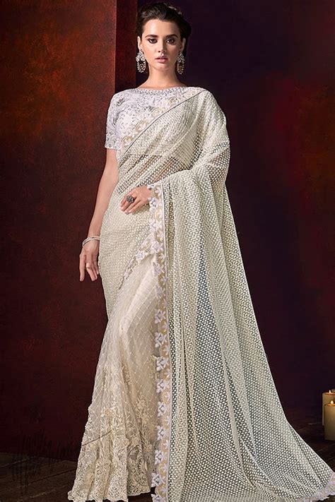 Buy Off White Pearl Work Saree In Net Online Like A Diva
