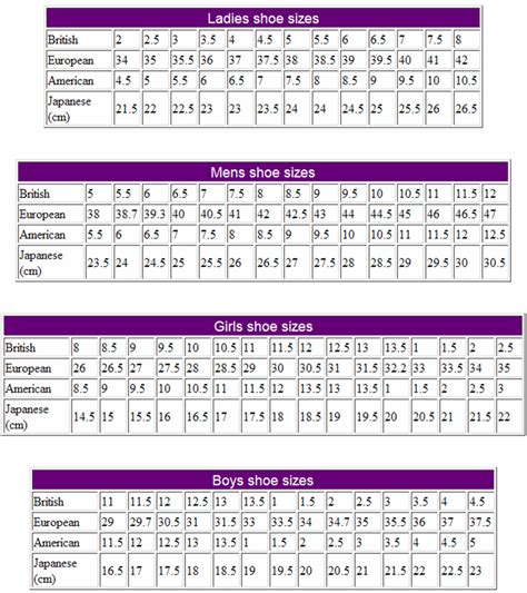 Shoe Sizes International Conversion Tables And Charts
