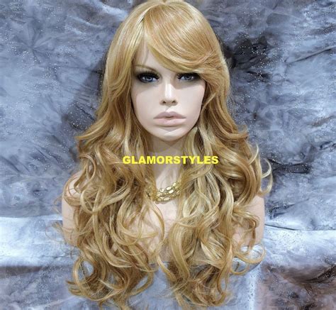 human hair blend long layered wavy medium blonde full wig hair piece  ebay