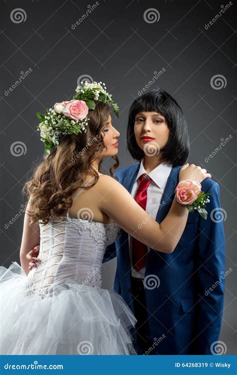 Lesbian Bride And Groom Posing At Camera Stock Image Image Of Husband