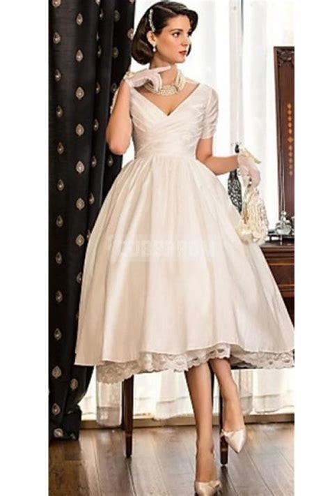 vintage champagne short sleeves knee length wedding dress pinup wedding theme tea length