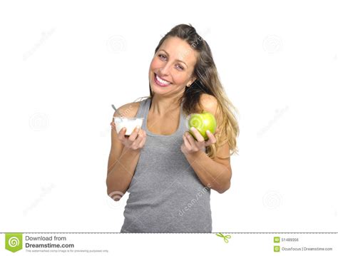 Beautiful Woman Holding Green Apple Fruit In Healthy