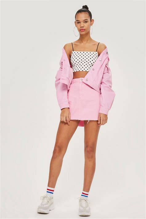 bubblegum pink denim high waisted skirt colour pop denim