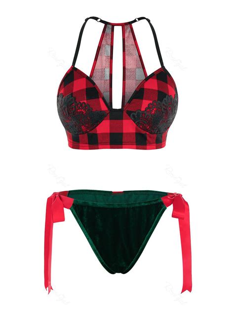 plus size bowknot cutout plaid bra set [50 off] rosegal