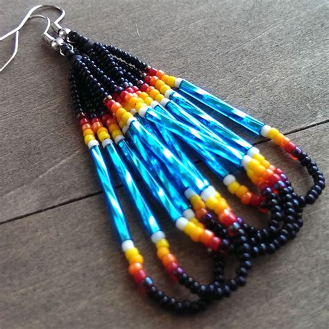 native american beaded earrings black  turquoise beadwork earrings