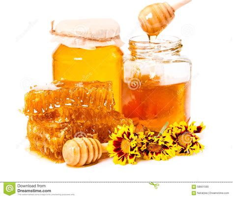 Bienenwabe Und Gläser Honig Mit Dem Stock Und Blumen Lokalisiert Auf W