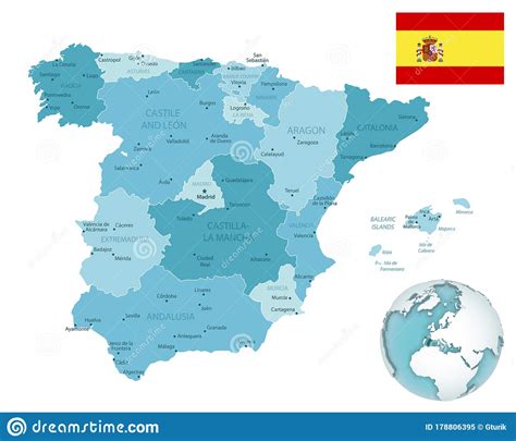 spain administrative blue green map  country flag  location   globe stock illustration