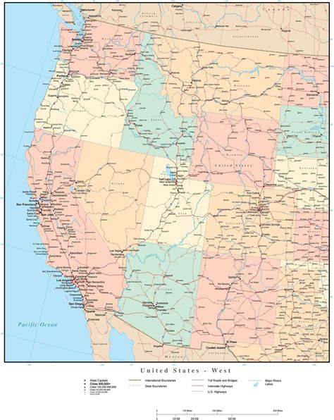 usa west region map  state boundaries highways  cities
