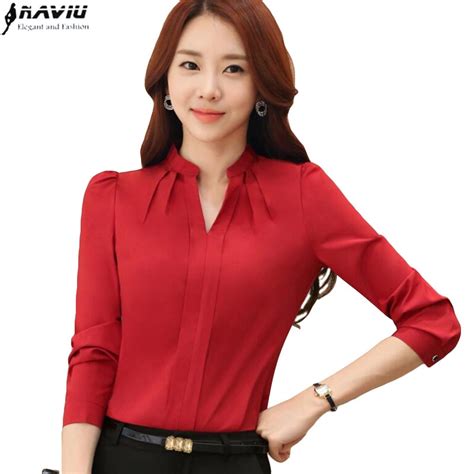 Spring Elegant Red Women Shirt Formal Slim V Neck Long Sleeve Chiffon