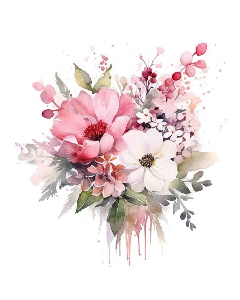 watercolor bouquet  pink flowers spring flower digital art etsy
