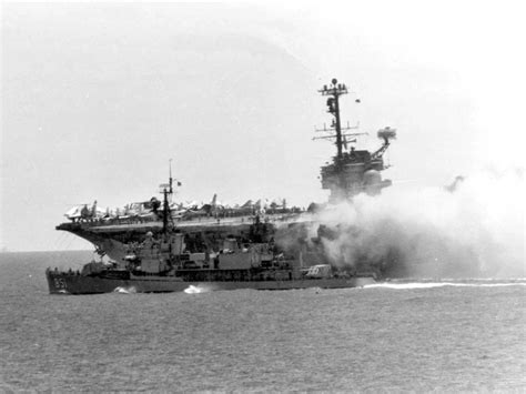 fire  uss forrestal july    navy photo north vietnam