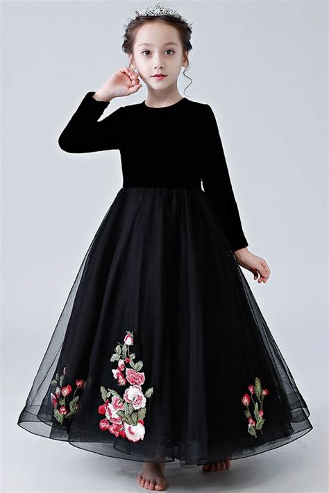 long sleeves   scoop floor length velvet tulle flower girl dress  okdress flower