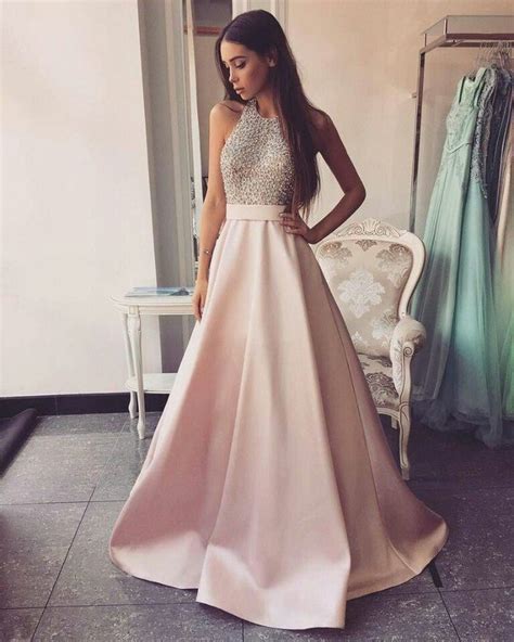 High Neck Long A Line Pink Prom Dresses Beading Open By Dress On
