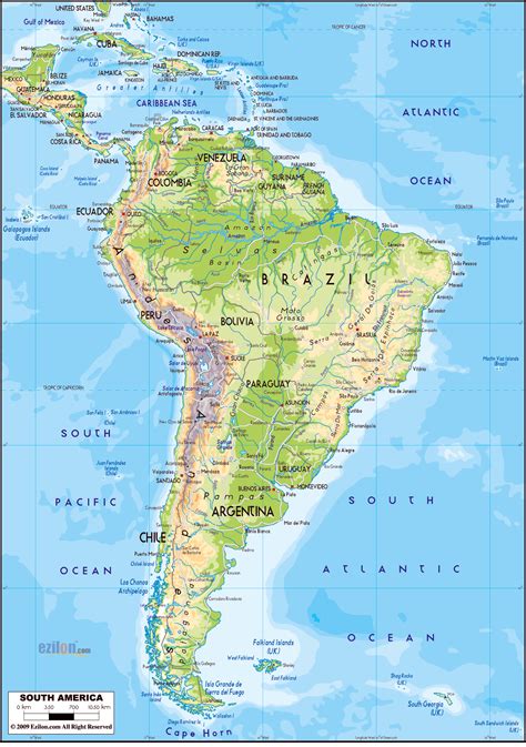 large detailed physical map  south america  roads vidianicom maps   countries