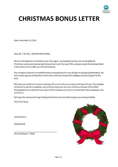christmas bonus letter templates  allbusinesstemplatescom