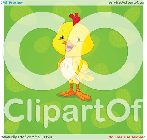 clipart of a cute yellow easter chick over green with easter eggs royalty free vector