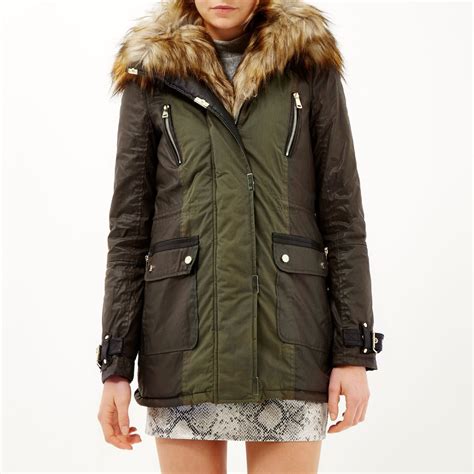 river island khaki faux fur trim parka jacket  natural lyst