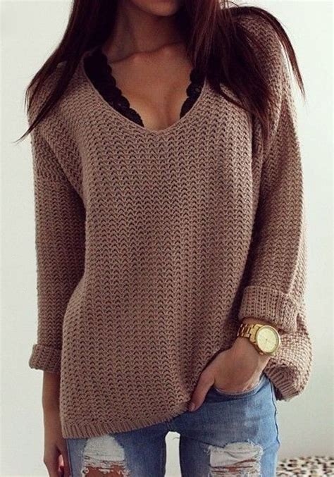 coffee plain hollow out v neck long sleeve loose vintage