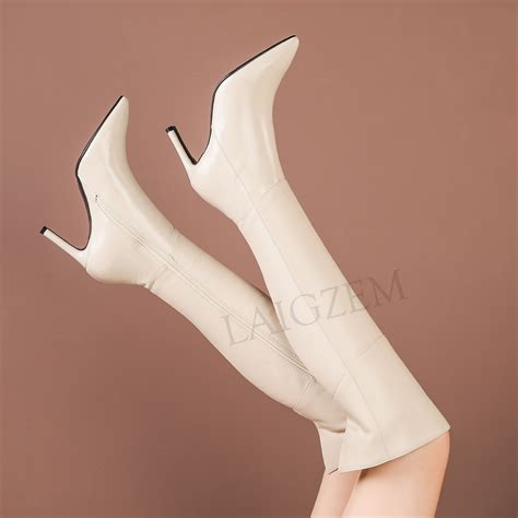 Laigzem Handmade Women Knee High Boots Quality Leather Side Zip