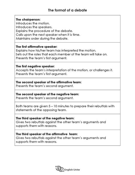 debate format  planning worksheets english unite teaching debate