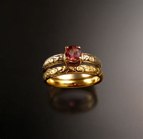 Pink Tourmaline Wedding Ring Set 14k Yellow Gold Victorian Floral
