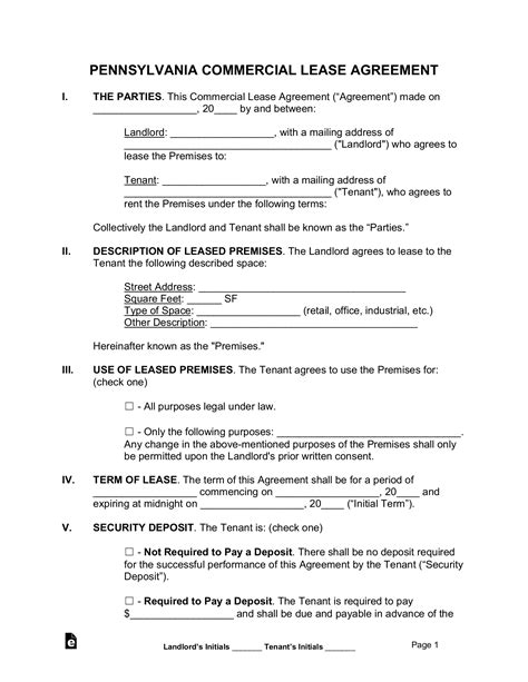 pennsylvania commercial lease agreement template  word eforms