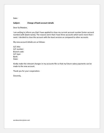 change  bank account letter  manager word excel templates