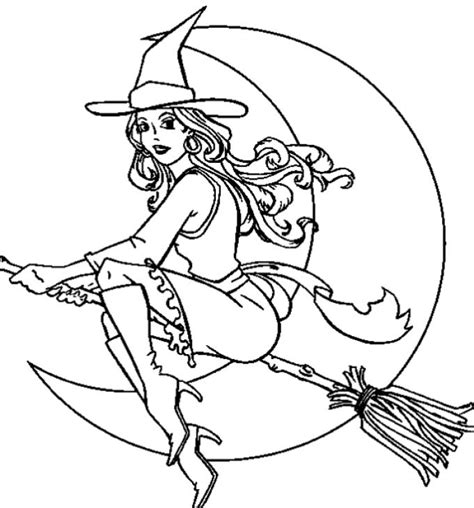 beautiful witch   magic broom  halloween coloring sheet