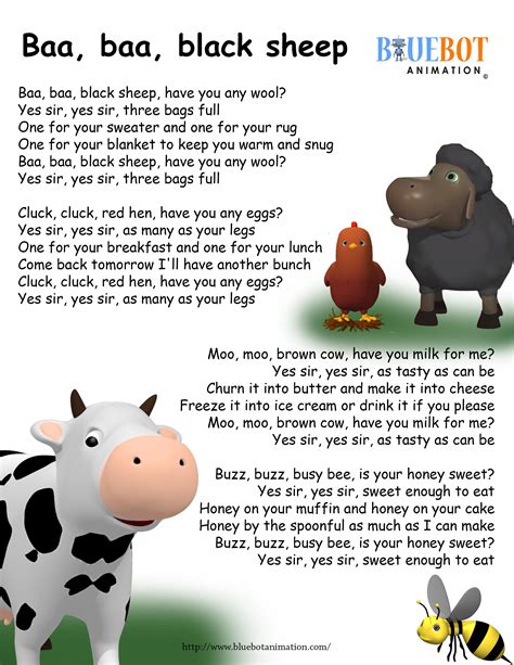ba ba black sheep nursery rhyme lyrics  printable nursery rhyme