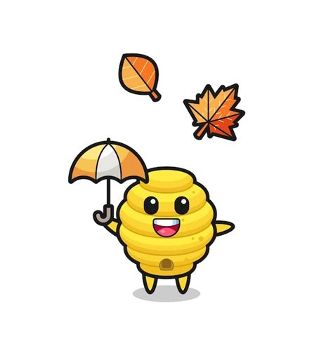 cartoon van de schattige bijenkorf die een paraplu vasthoudt  de herfst premium vector