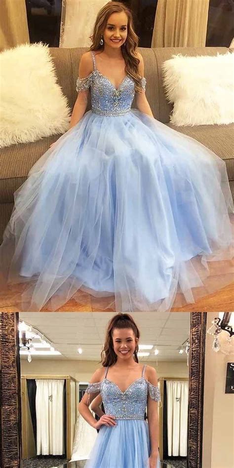 a line off the shoulder beaded light blue tulle prom dress