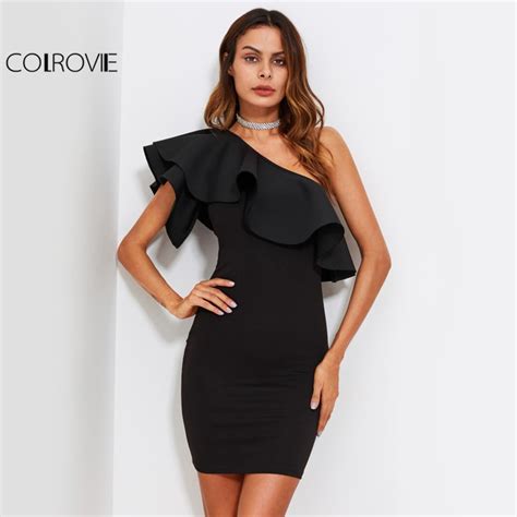 Colrovie One Shoulder Off Elegant Party Dress Women Ruffle Form Fitting