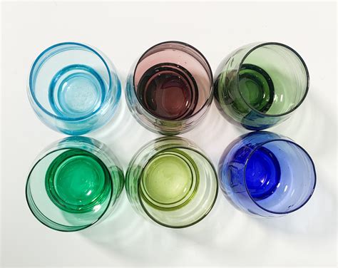 6 Vintage Etched Cordial Multi Colored Glasses Six Etched Hand Blown