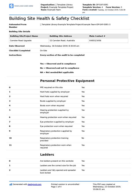 building site health  safety checklist  template