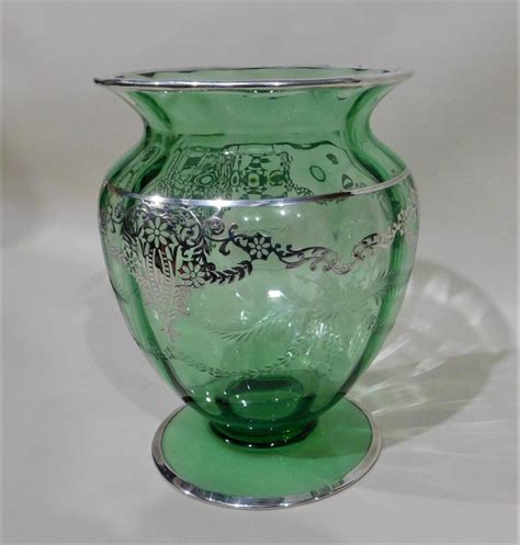 American Wheeled Cut Green Glass Vase With Silver Overlay Circa 1920s