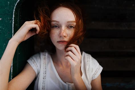 Wallpaper Model Redhead Hair In Face Freckles Portrait Looking