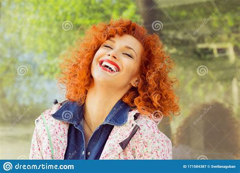 Beautiful Red Curly Hair Woman Laughing Isolated Outside Happiness