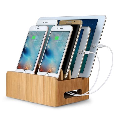 bamboo multi device phone holder charging dock stand holder tablet stand  smartphone tablet