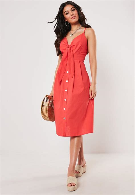 Red Tie Front Button Down Midi Dress Missguided