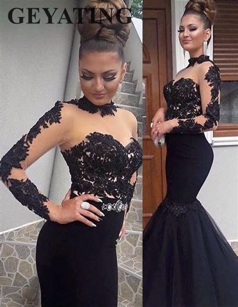 Sexy Black Lace Mermaid Prom Dresses Long Sleeves High Neck Illusion