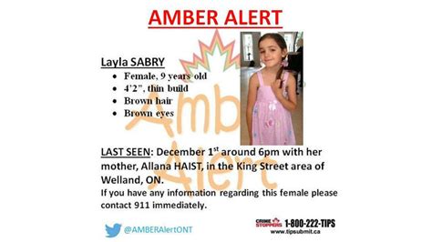 amber alert issued for 9 year old welland girl last seen thursday