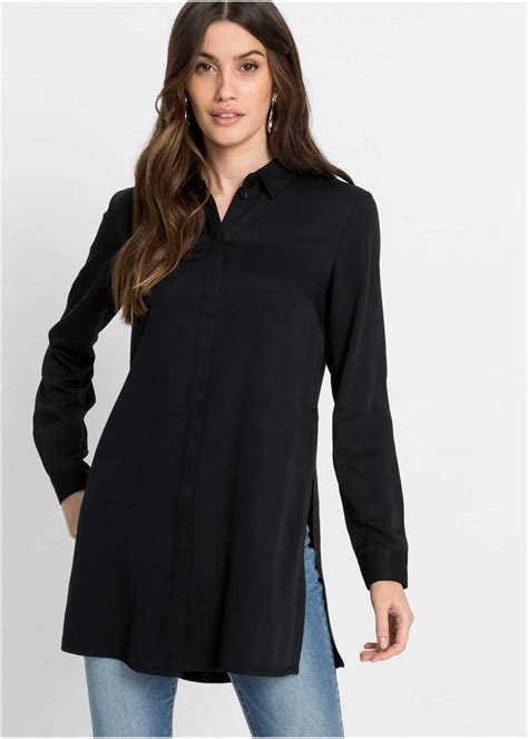 elegante lange blouse met splitten opzij zwart