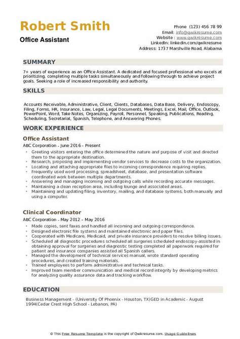 office assistant resume samples qwikresume