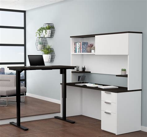 shaped desk hutch  height adjustable side  white deep gra