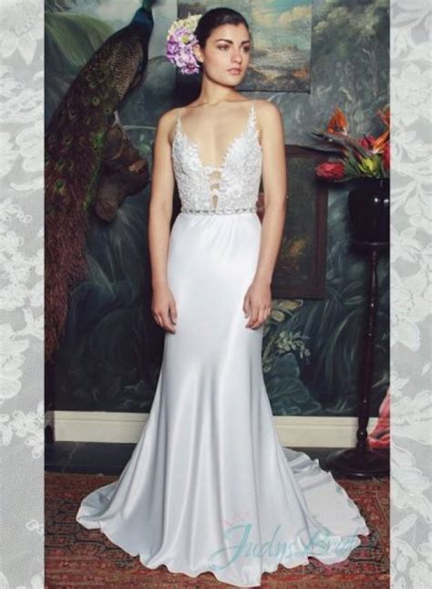 sexy plunging deep v neck low back sheath wedding dress