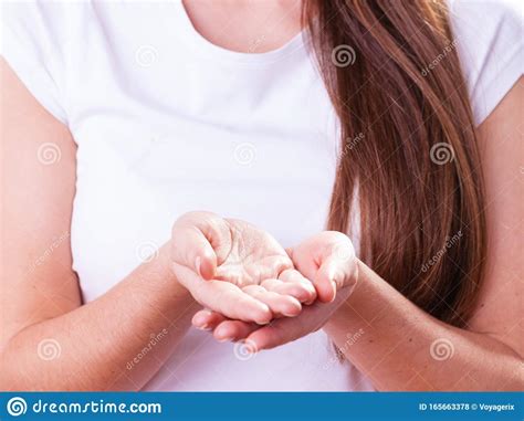 woman showing  hands holding  stock photo image