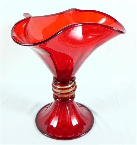 Large Hand Blown Gold Infused Red Murano Glass Vase Or